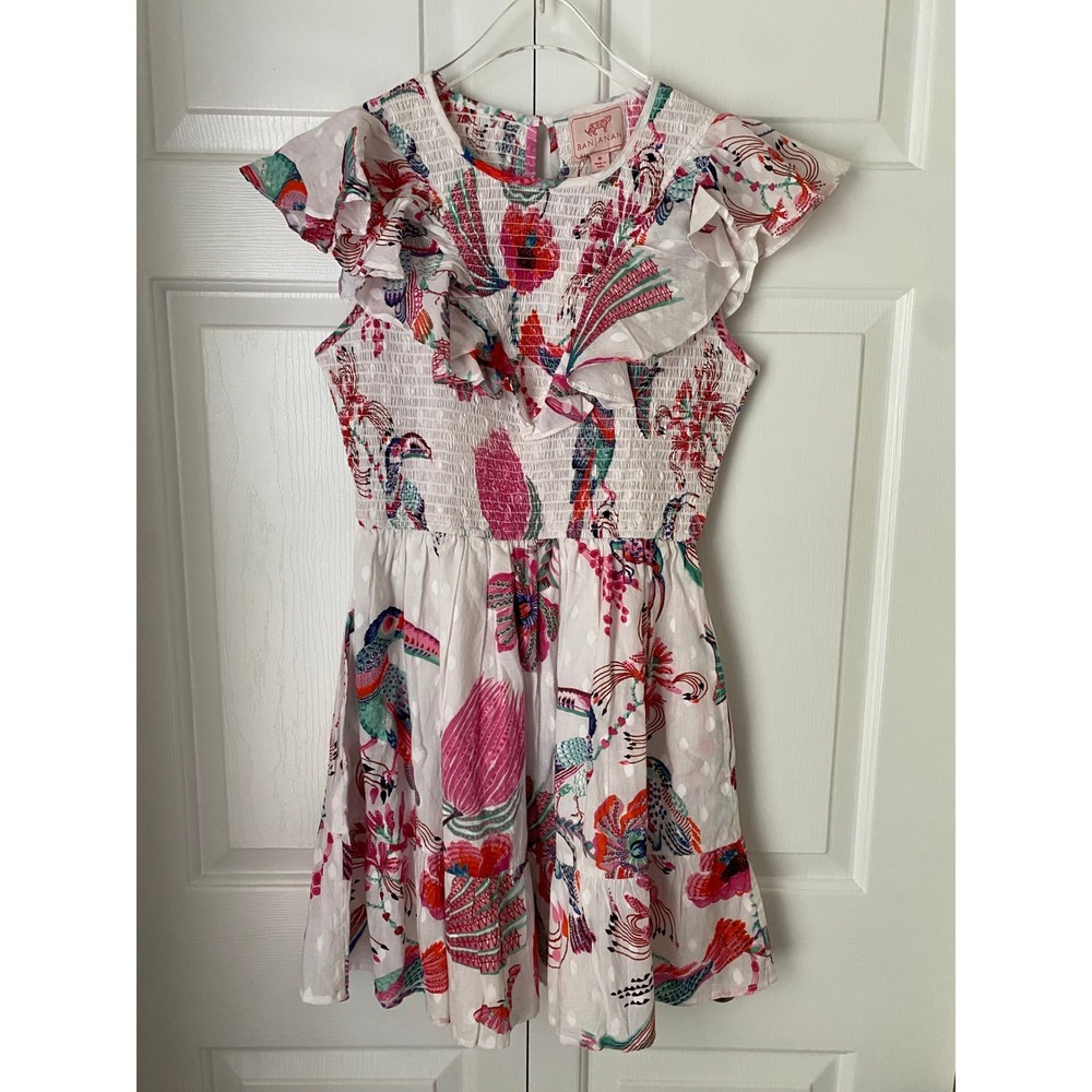 Banjanan Ilona Mini Dress Womens M White Birdie Print Smocked Ruffle Pink Boho - Picture 2 of 7